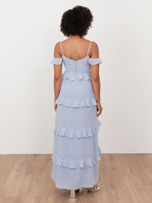 Maya Pastel Blue Floral Embroidered Cold Shoulder Maxi Dress