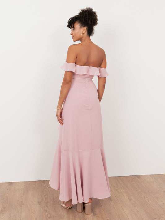 Maya Soft Pink Embellished Faux Wrap Bardot Midaxi Dress