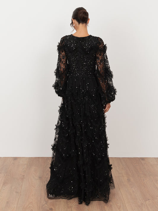 Maya Black Embellished Blouson Sleeve Maxi Dress