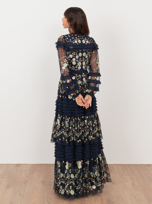 Maya Navy Floral Embroidered Maxi Sleeve Maxi Dress with Frill & Sequin Detail