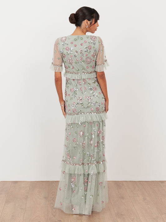 Maya Sage Green Embellished Short Sleeve Spot Mesh Maxi Dress