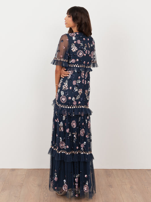 Maya Navy Embellished Short Sleeve Spot Mesh Maxi Dress