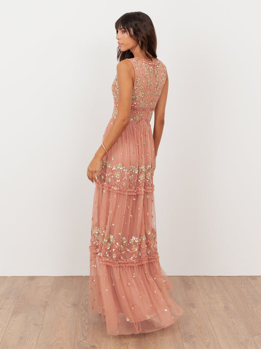 Maya Terracotta Pink Embellished Sleeveless Maxi Dress