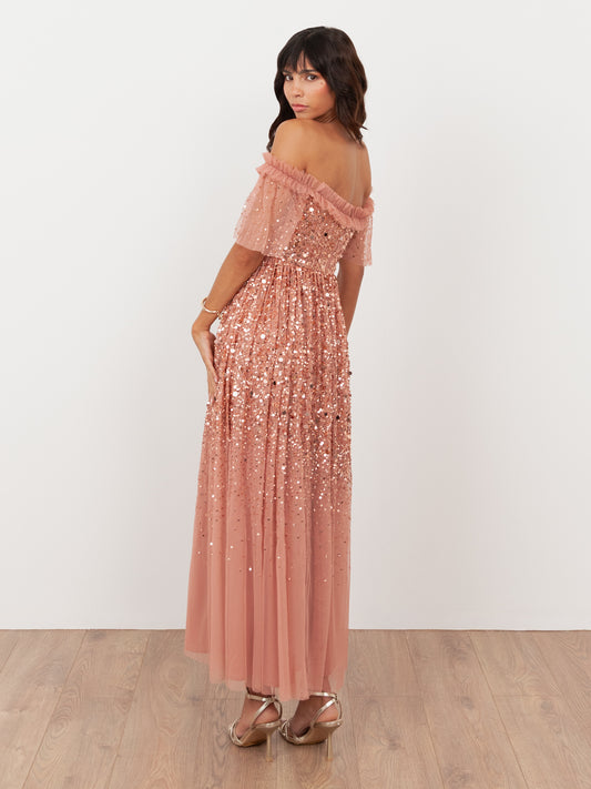 Maya Terracotta Pink Embellished Bardot Midaxi Dress