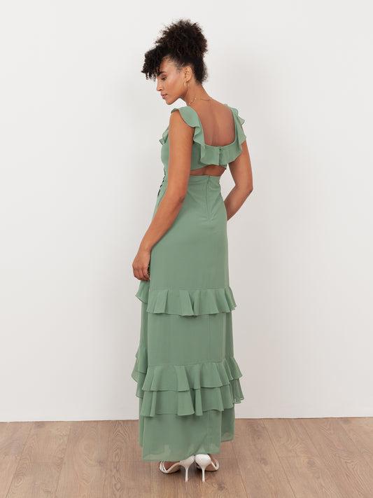Maya Dark Sage Green Embellished Ruffled Maxi Dress with Keyhole Back