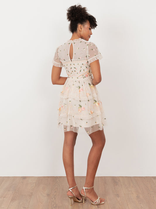 Maya Embroidered Short Sleeve High Neck Mini Dress