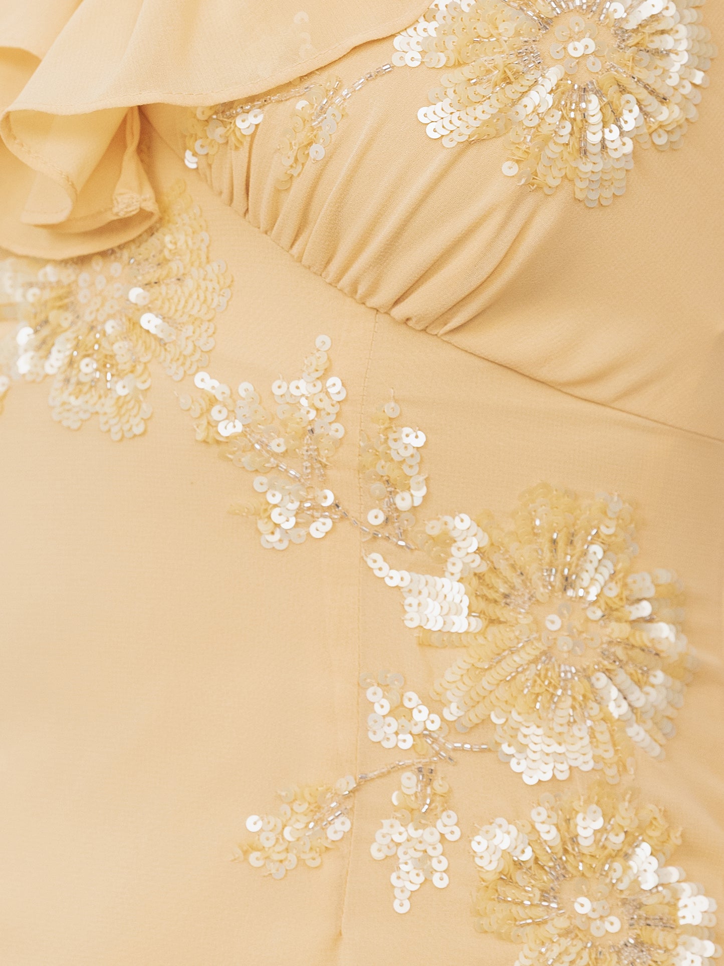 Maya Buttercream Embellished V Neck Ruffle Maxi Dress with Split