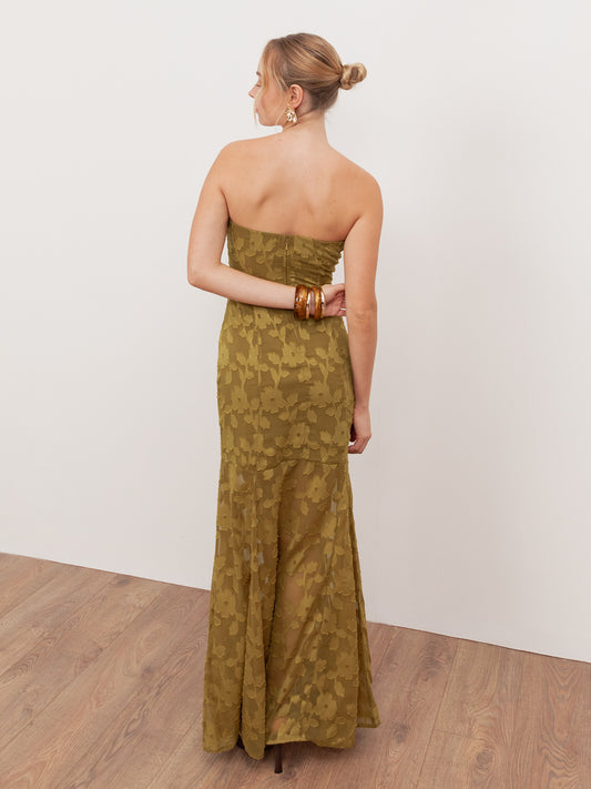 Anaya With Love Recycled Golden Olive Floral Burnout Bandeau Maxi Dress