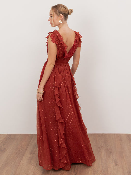 Anaya With Love Recycled Chilli Red Plunge Neck Waterfall Ruffle Maxi Dress