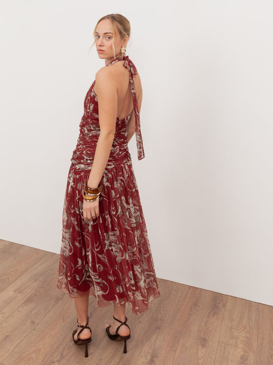 Anaya With Love Recycled Rust Floral Ruched Halter Neck Midaxi Dress