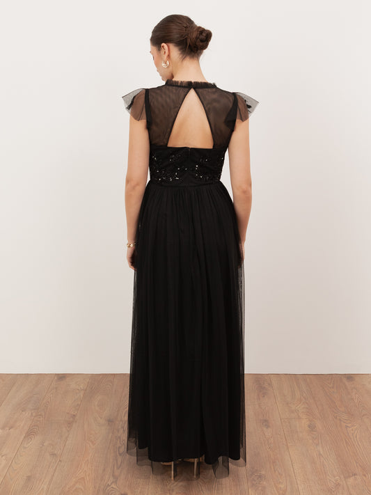 Maya Black Embellished Tulle Maxi Dress with Open Back