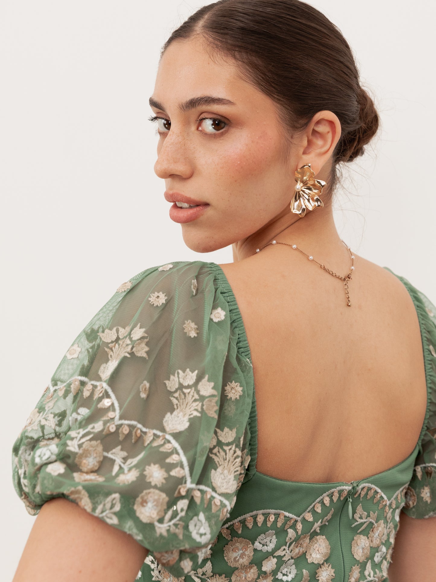 Maya Green Embroidered Square Neck Puff Sleeve Maxi Dress