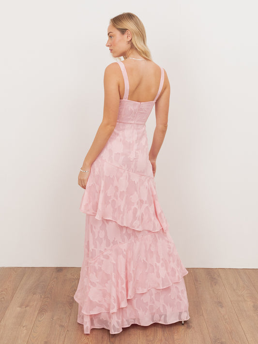 Anaya With Love Recycled Peony Pink Floral Burnout Strappy Asymmetric Ruffle Maxi Dress
