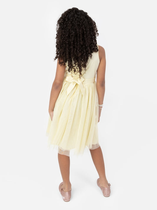 Mini Maya Pale Yellow Delicate Sequin Midi Dress With Bow