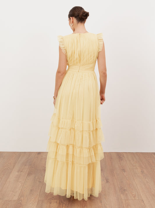 Anaya With Love Recycled Butter Yellow Flutter Sleeve Ruffle Maxi Dress