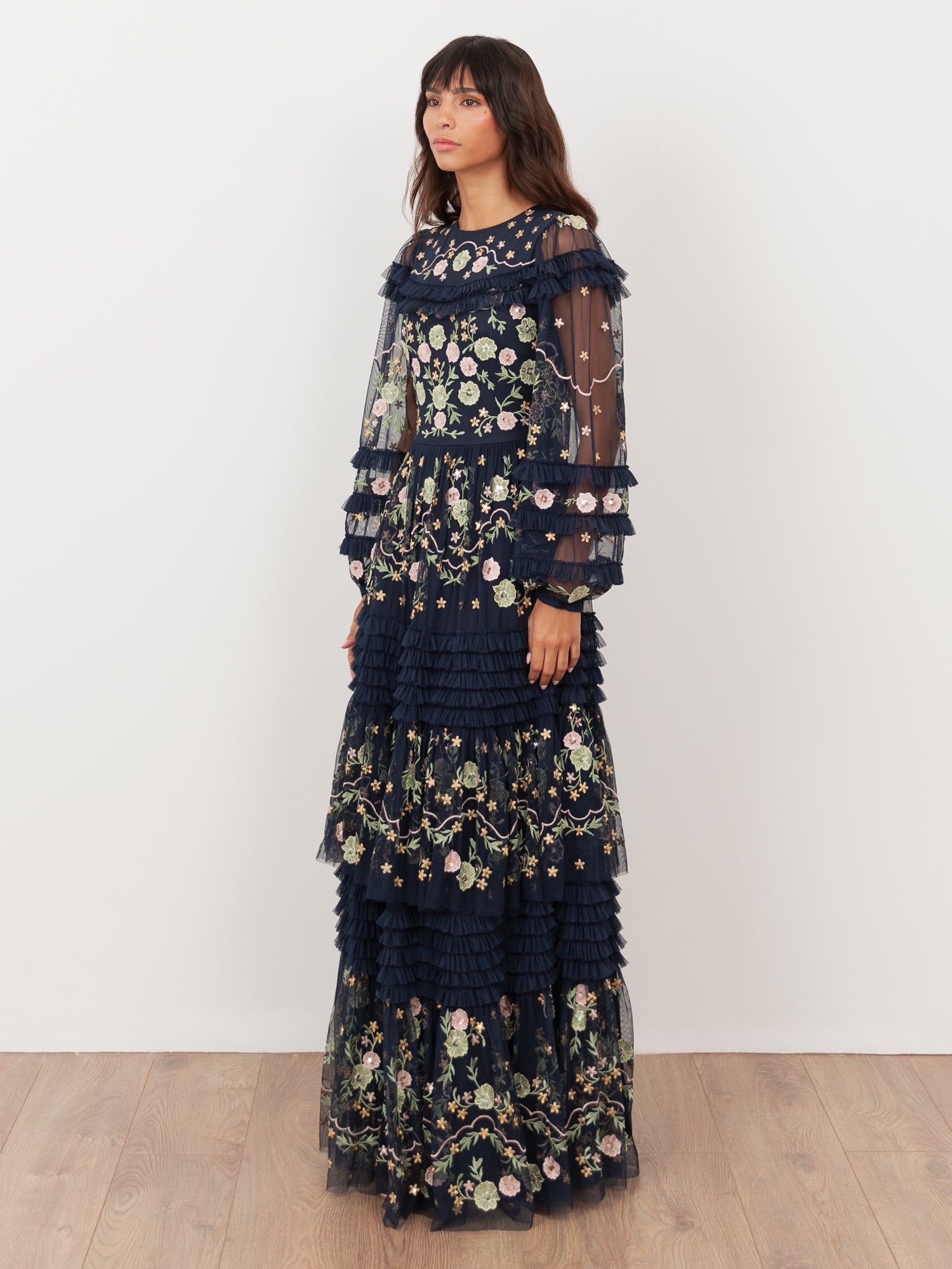 Maya Navy Floral Embroidered Maxi Sleeve Maxi Dress with Frill & Sequi Maya Deluxe Maya Navy Floral Embroidered Maxi Sleeve Maxi Dress with Frill & Sequi Maya Deluxe