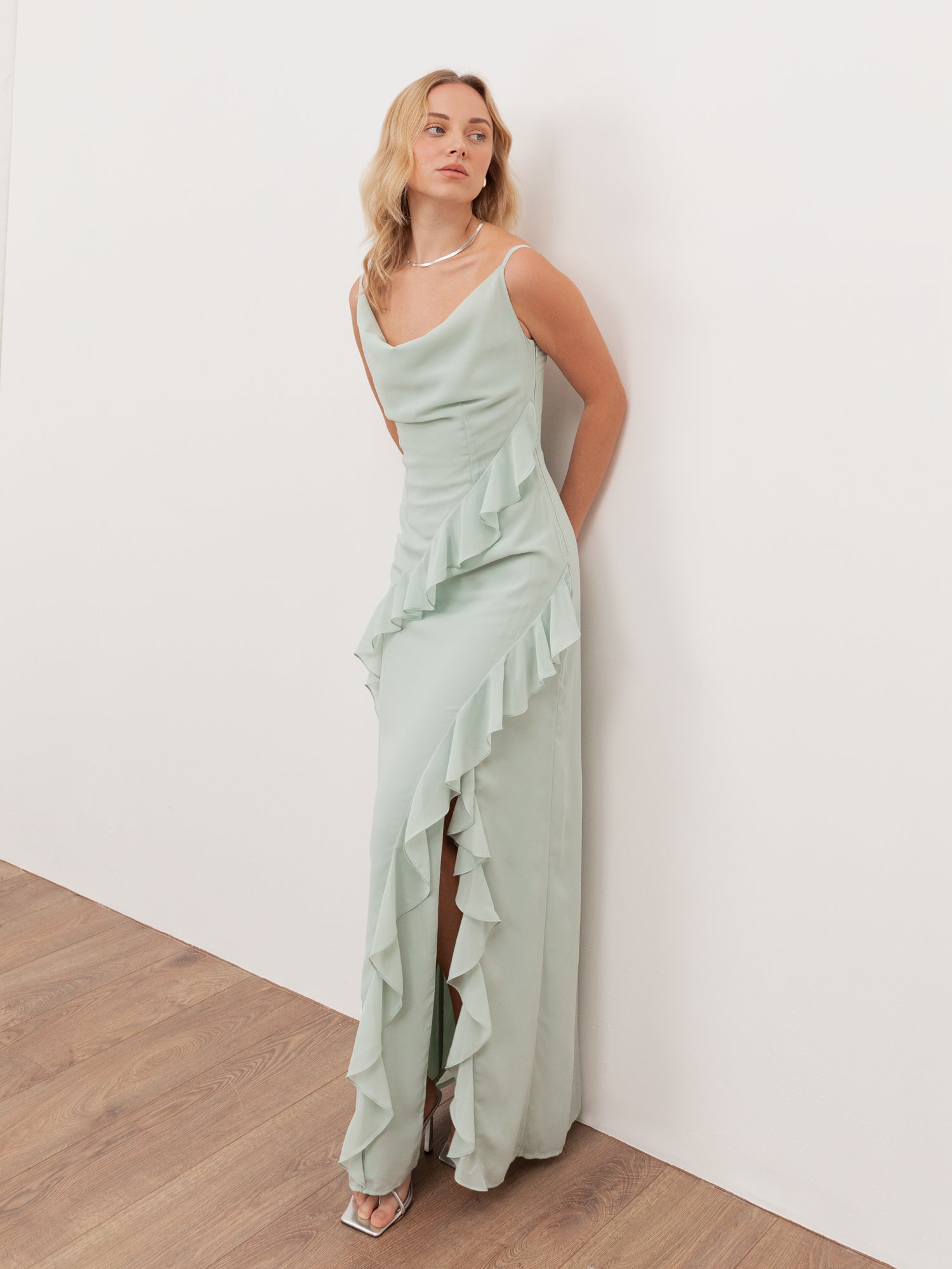 Anaya With Love Recycled Mint Waterfall Ruffle Cowl Neck Cami Maxi Dre –  Maya Deluxe