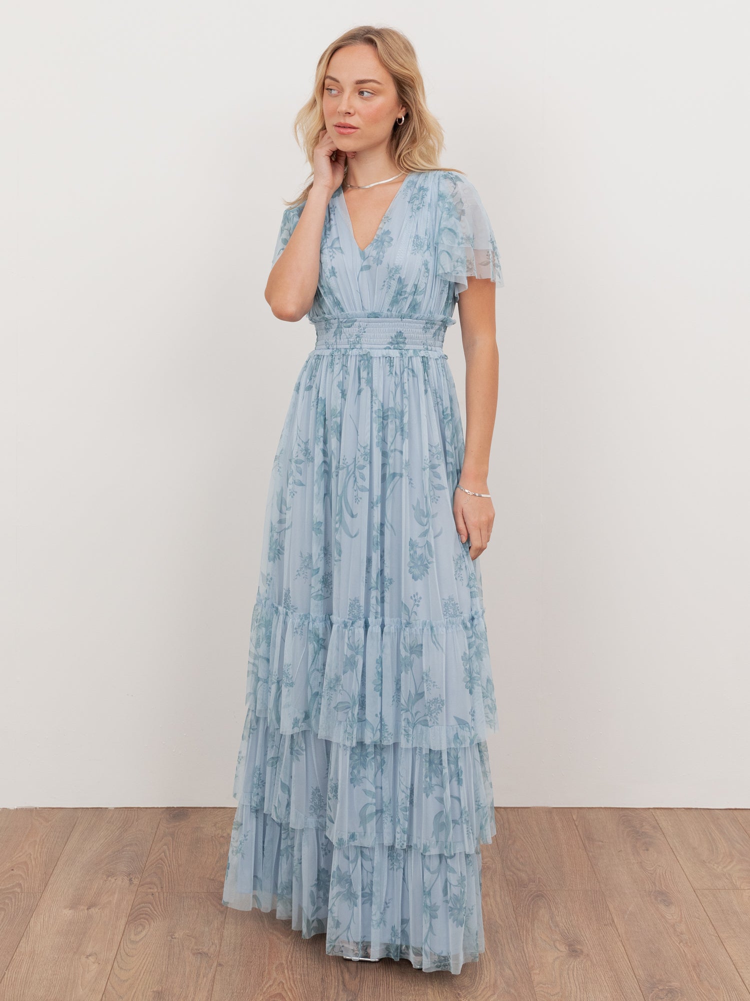 Anaya With Love Recycled Floral Blue V Neck Tiered Maxi Dress – Maya Deluxe