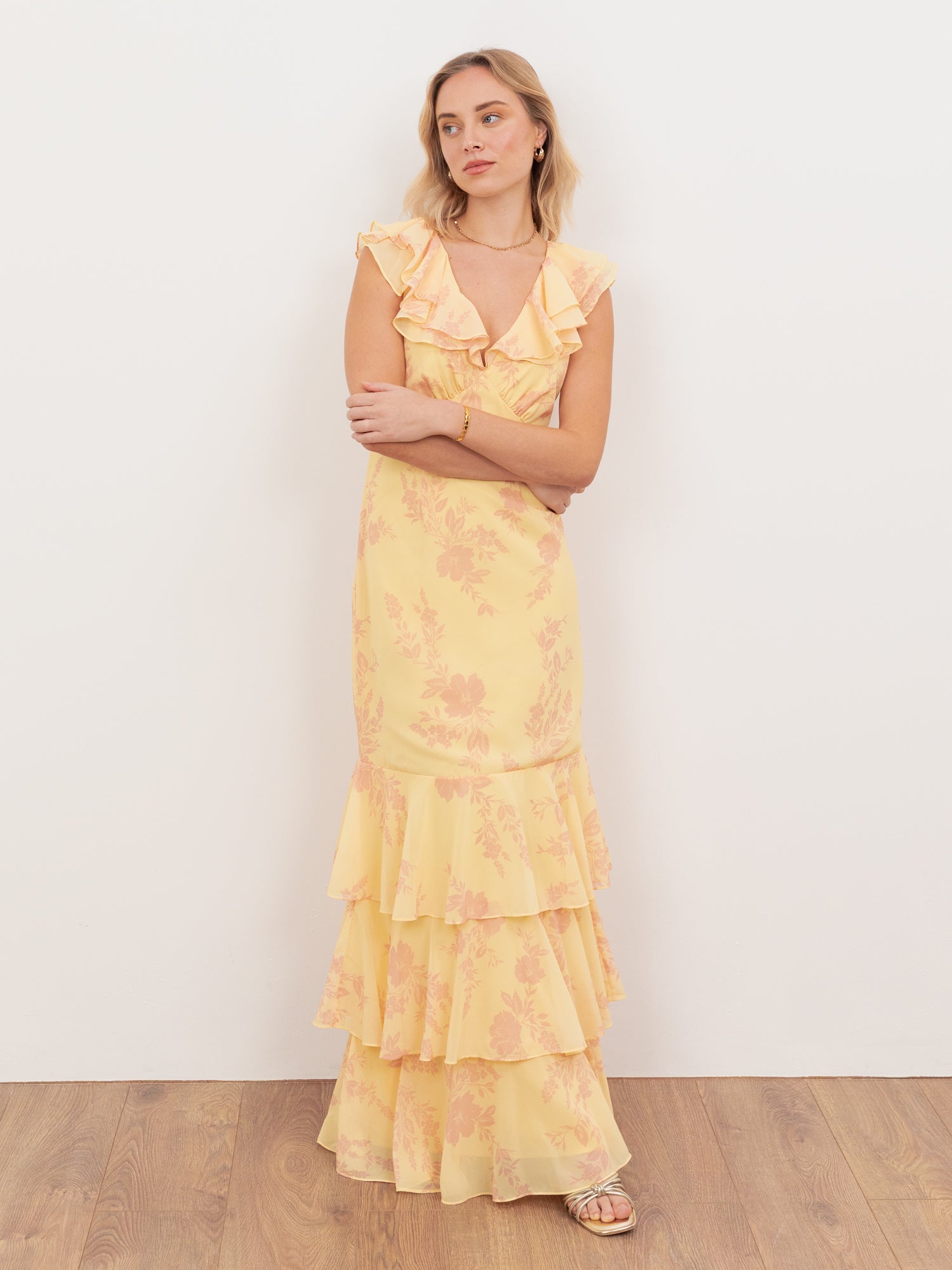 Anaya With Love Recycled Yellow Floral V Neck Ruffle Maxi Dress 