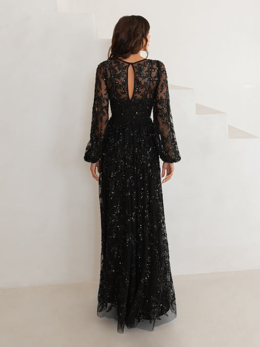 Maya Black Fully Embellished Maxi Sleeve Round Neck Maxi Dress