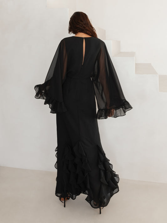 Anaya With Love Recycled Black Oversized Ruffle Sleeve Maxi Dress