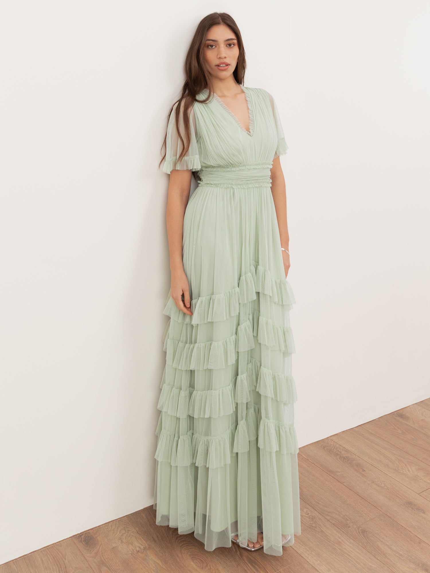 Anaya With Love Recycled Soft Sage V Neck Ruffle Maxi Dress – Maya Deluxe