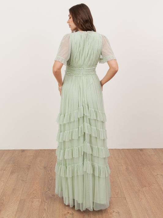Anaya With Love Recycled Soft Sage V Neck Ruffle Maxi Dress