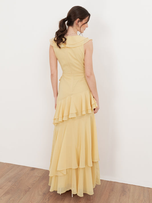 Maya Buttercream Embellished Asymmetric Ruffle Maxi Dress