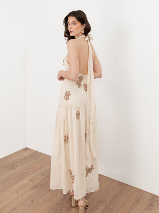 Maya Vanilla Floral Embellished Drop Waist Halter Neck Midaxi Dress