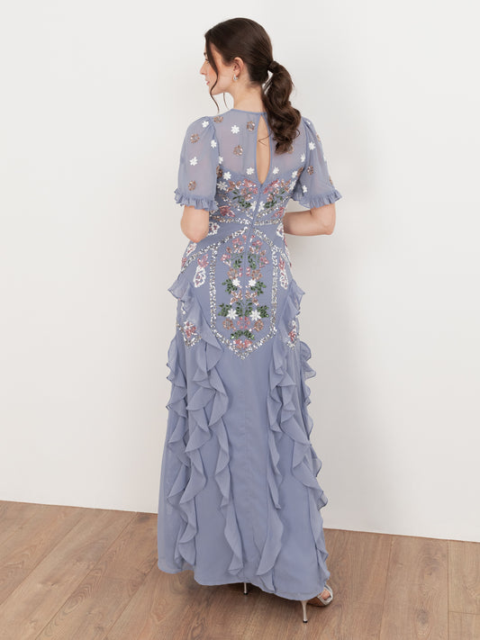 Maya Wisteria Blue Embellished Short Sleeve Ruffle Maxi Dress