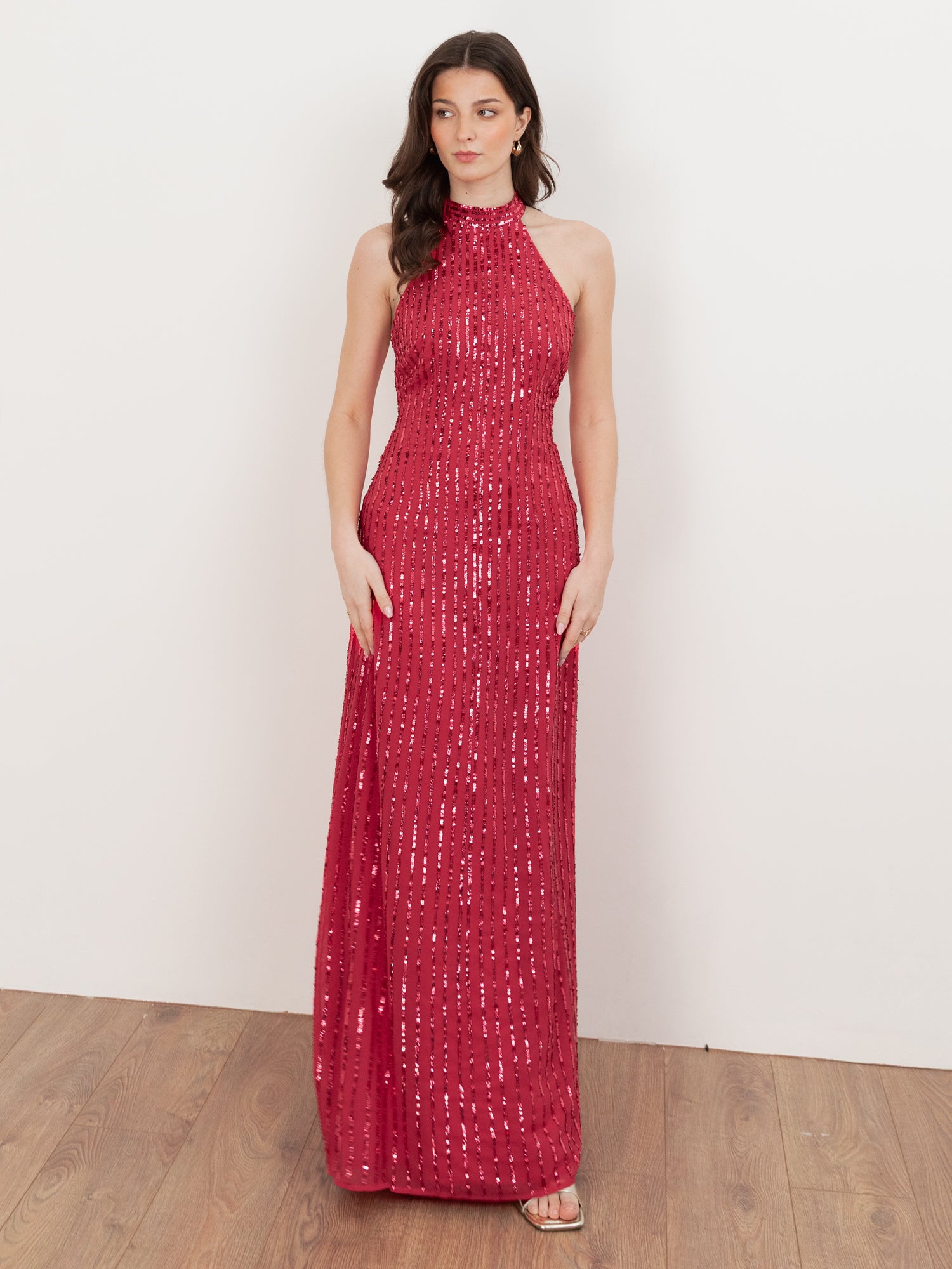 hot pink halter maxi dress Maya Linear Embellishment Neck – Maya Deluxe size PL Mother of the bride 59 Bust Shoe size:9.5