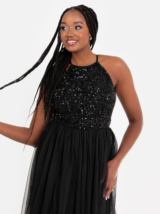 Maya Black Embellished Halter Neck Midi Dress