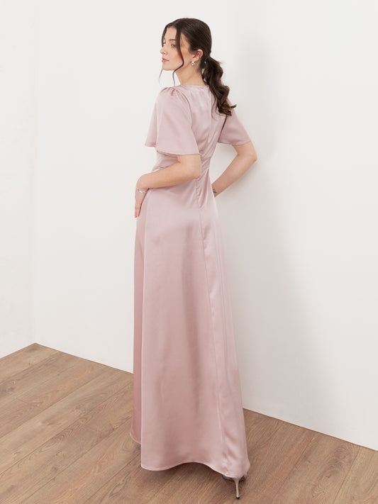 Maya Blush V Neck Angel Sleeve Satin Maxi Dress