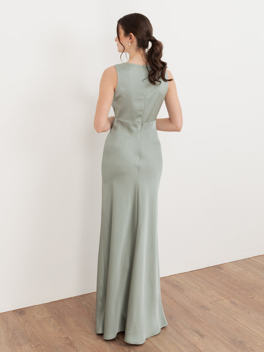 Maya Sage Green Sleeveless V Neck Satin Maxi Dress