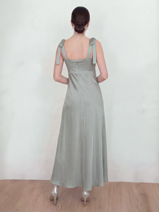 Maya Sage Green Tie-Shoulder Satin Maxi Dress