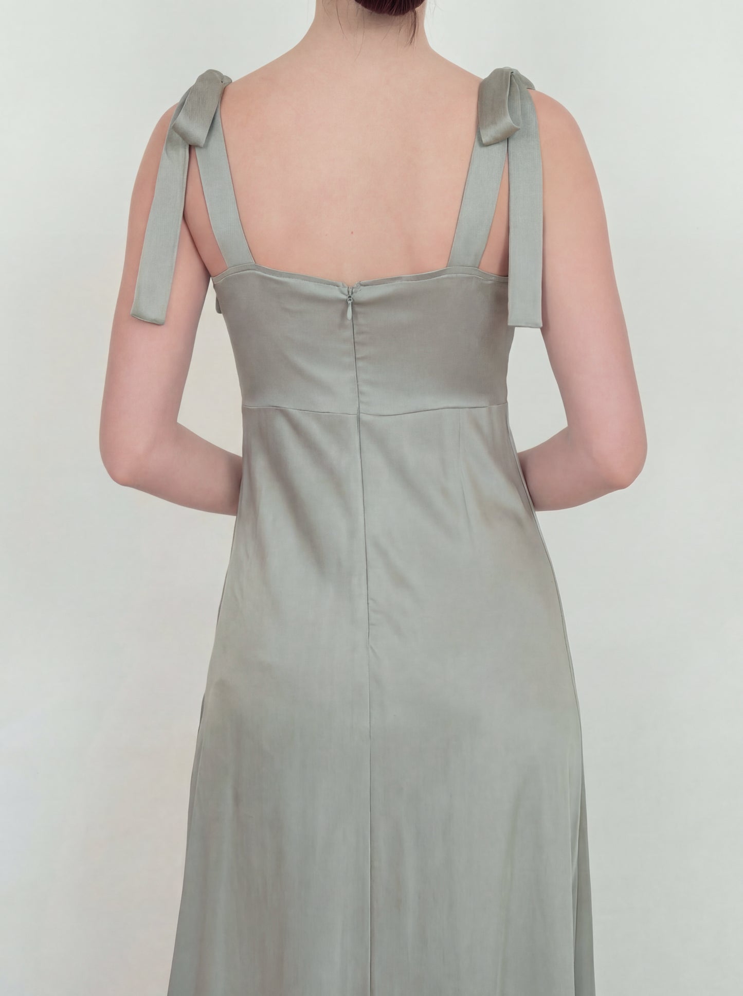 Maya Sage Green Tie-Shoulder Satin Maxi Dress