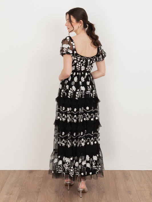 Maya Black Floral Embroidered Short Sleeve Midaxi Dress