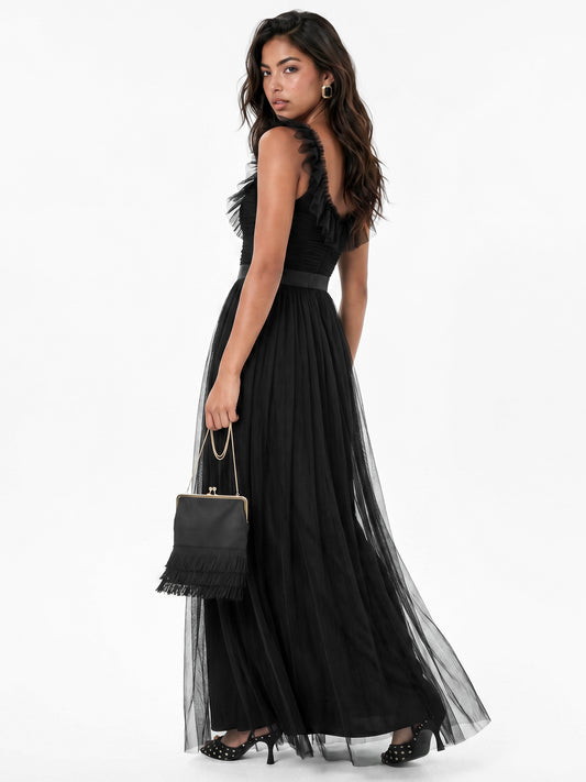 Anaya With Love Recycled Black Strappy Ruffle Maxi Dress with Sash Belt