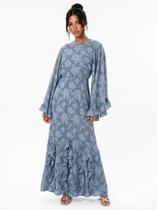 Anaya With Love Recycled Opal Blue Floral Burnout Oversized Ruffle Sleeve Maxi Dress