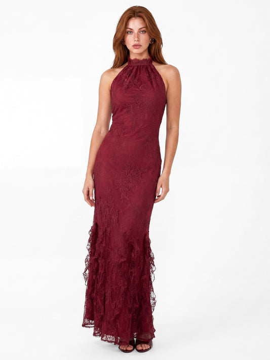 Maya Cranberry Floral Lace Halter Neck Ruffle Maxi Dress