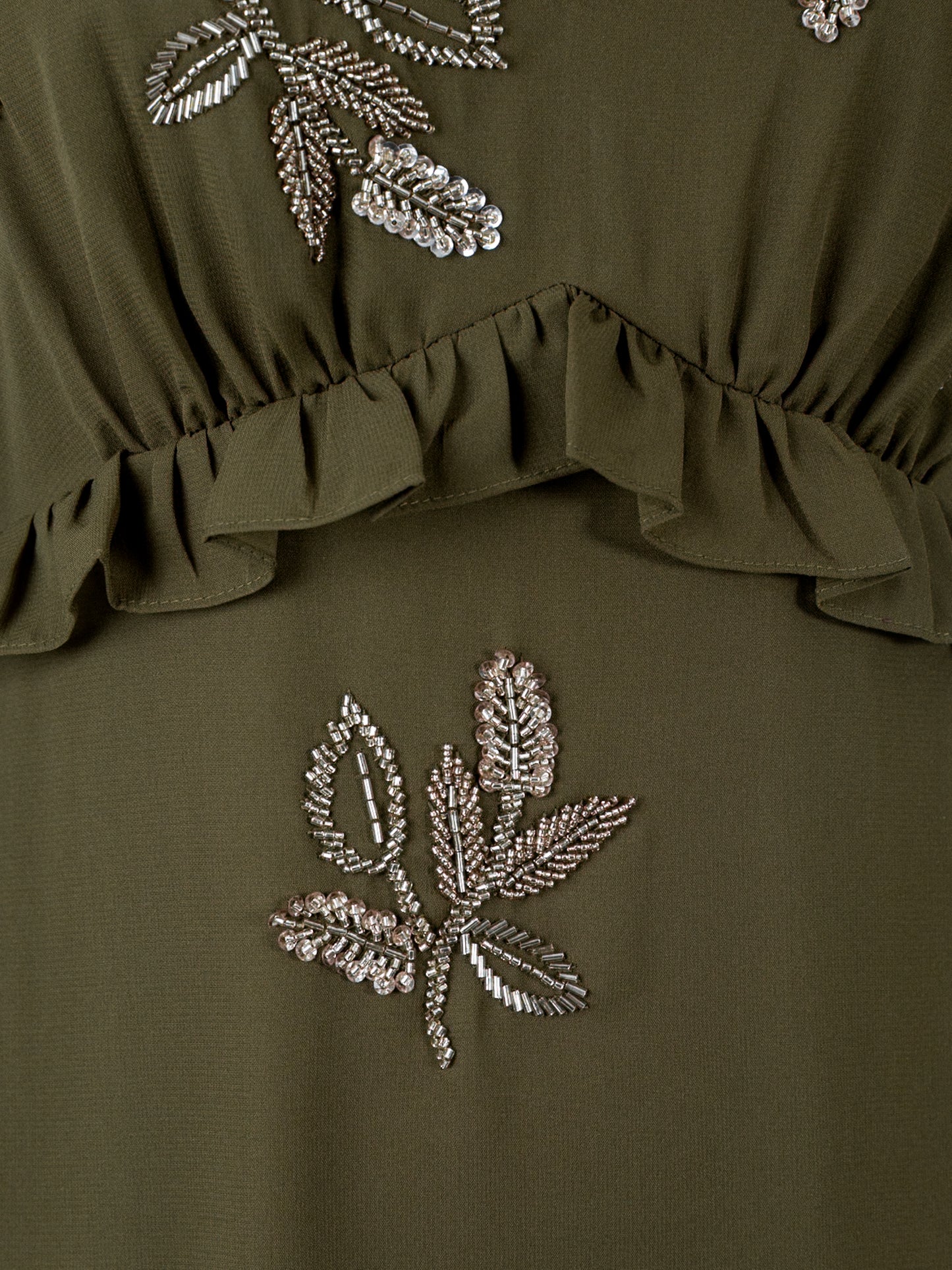 Maya Deep Olive Leaf Embellished 3/4 Bell Sleeve Maxi Dress