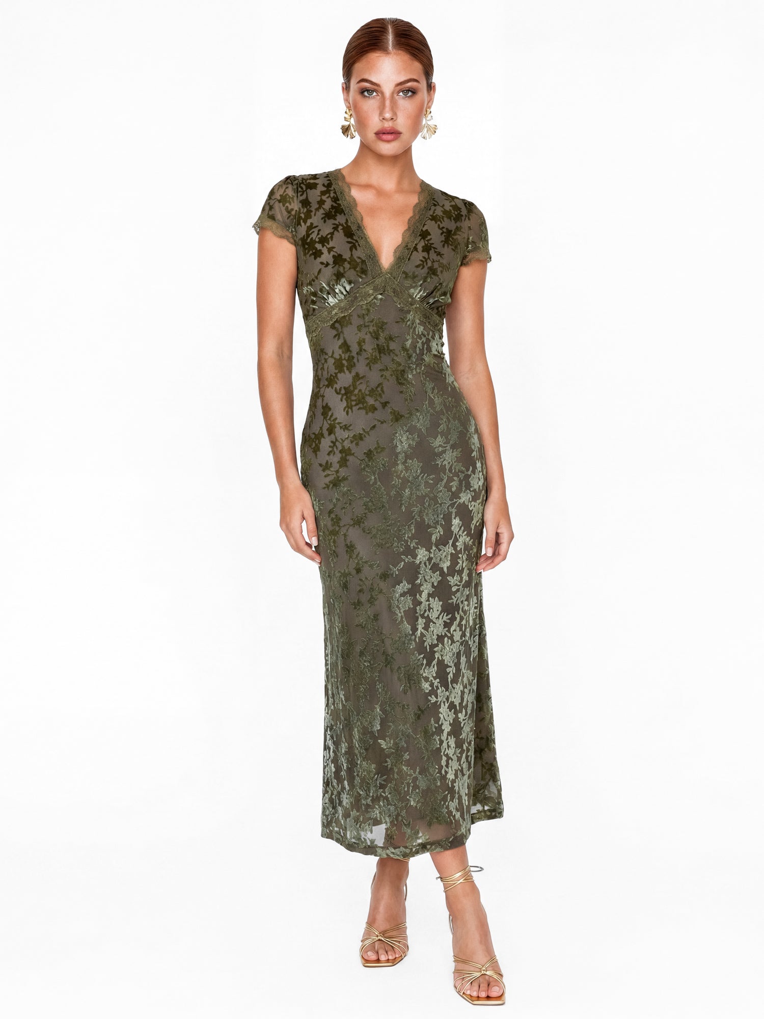 green floral velvet dress Maya Olive Devore V Neck Midaxi – Maya Deluxe olive wedding guest dress