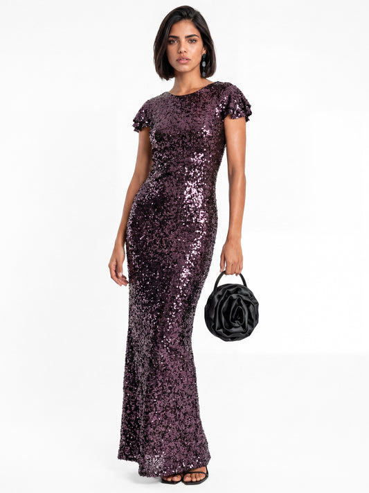 Maya Purple Sequin Flutter Sleeve V Back Maxi Dress