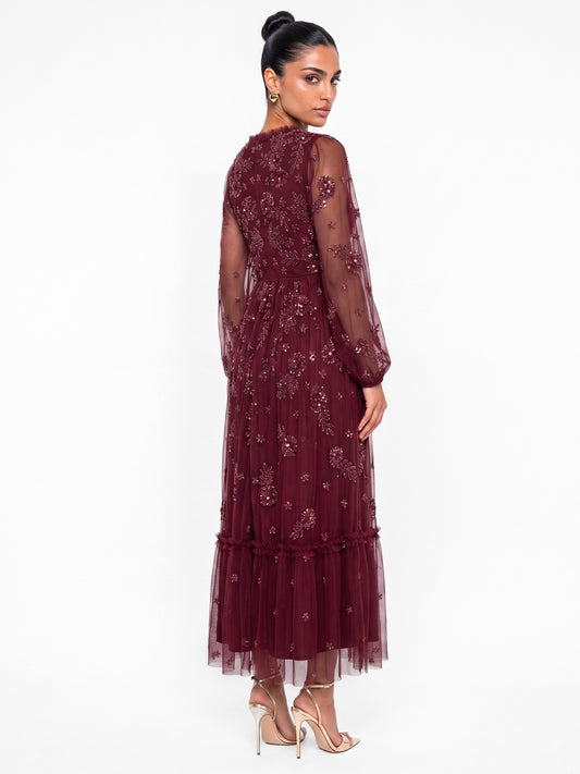 Maya Deep Red Embellished Frilled V Neck Midaxi Dress