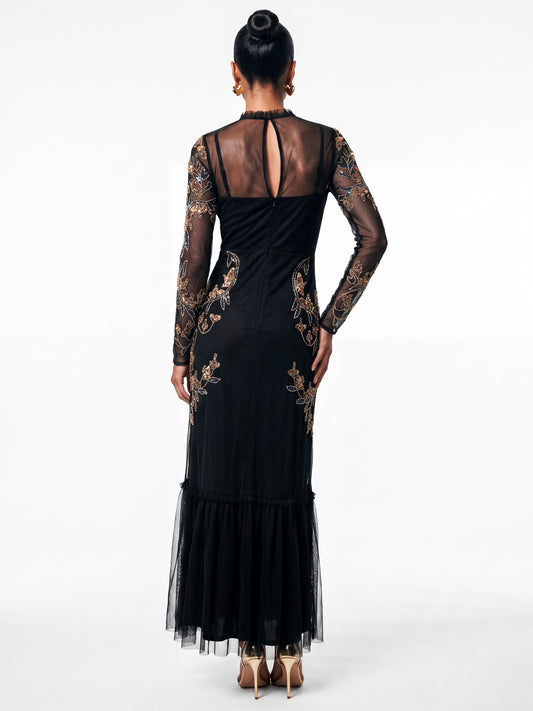 Maya Black Embellished Long Sleeve High Neck Midaxi Dress