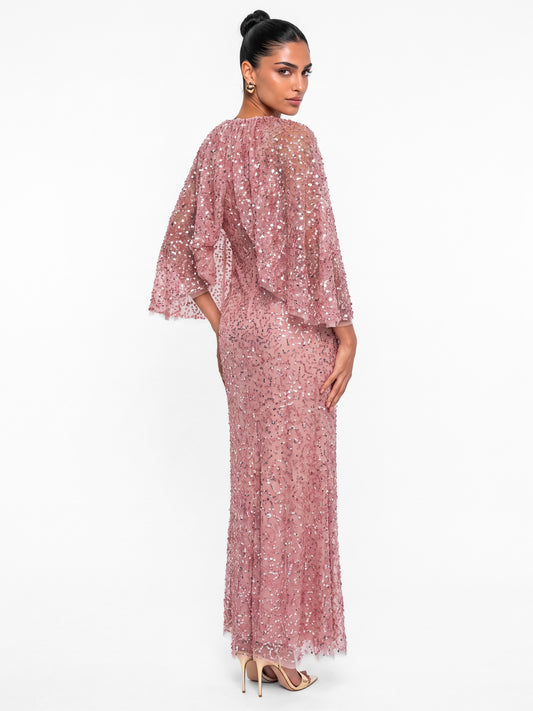 Maya Soft Pink Fully Embellished Cape Sleeve Maxi Dress
