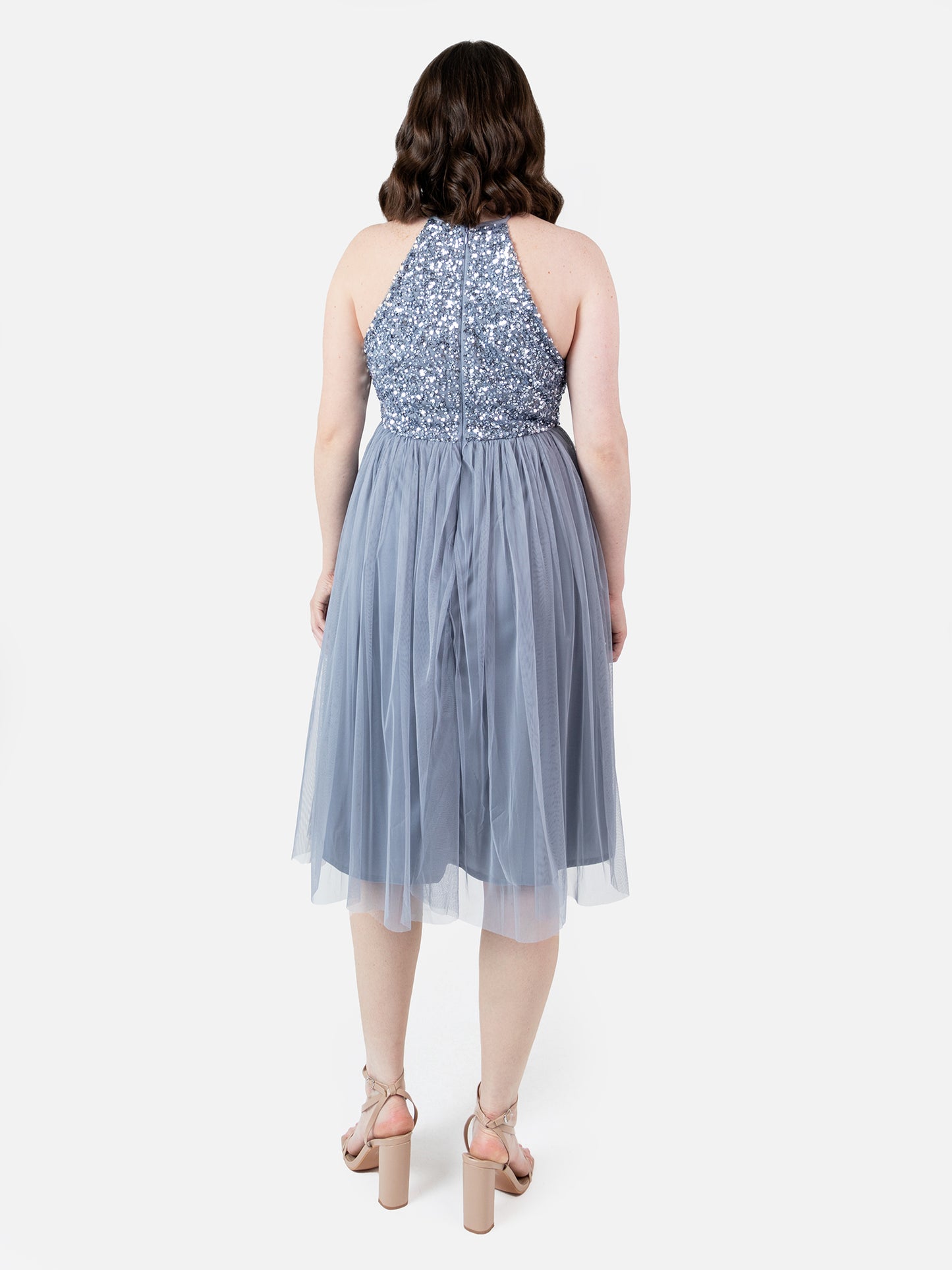 Maya Dusty Blue Embellished Halter Neck Midi Dress