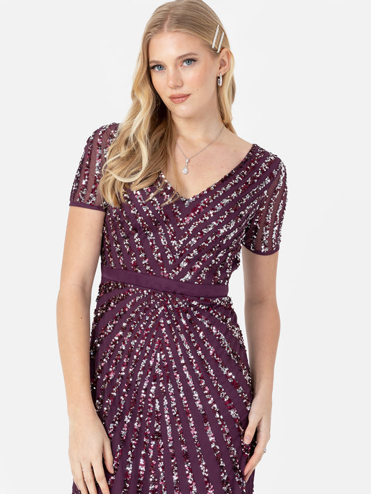 Maya Berry Short Sleeve Stripe Embellished Maxi Dress