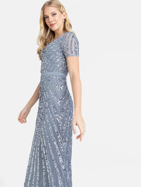 Maya Dusty Blue Short Sleeve Stripe Embellished Maxi Dress