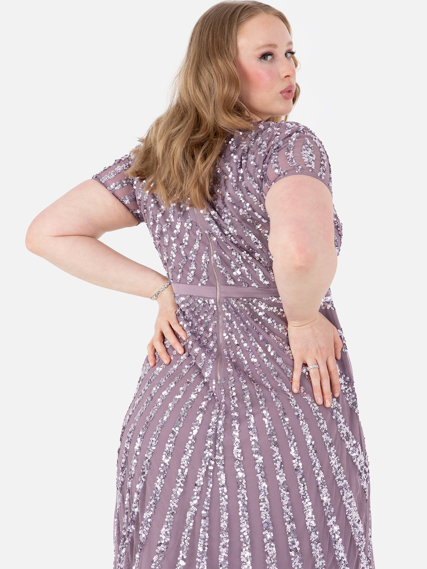 Maya Moody Lilac Short Sleeve Stripe Embellished Maxi Dress